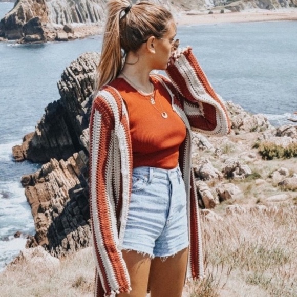 Zara collection crochet knit long boho cardigan coat two tone striped - Picture 7 of 13